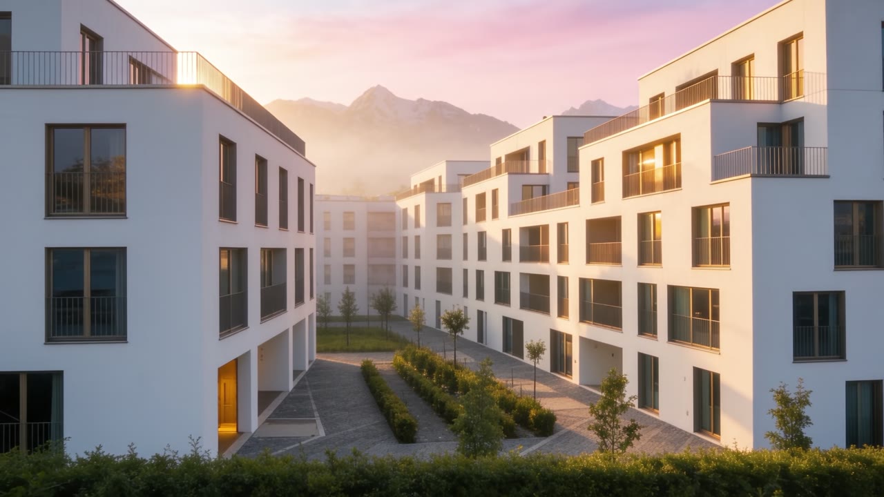 Modernes Schweizer Mehrfamilienhaus im Morgenlicht