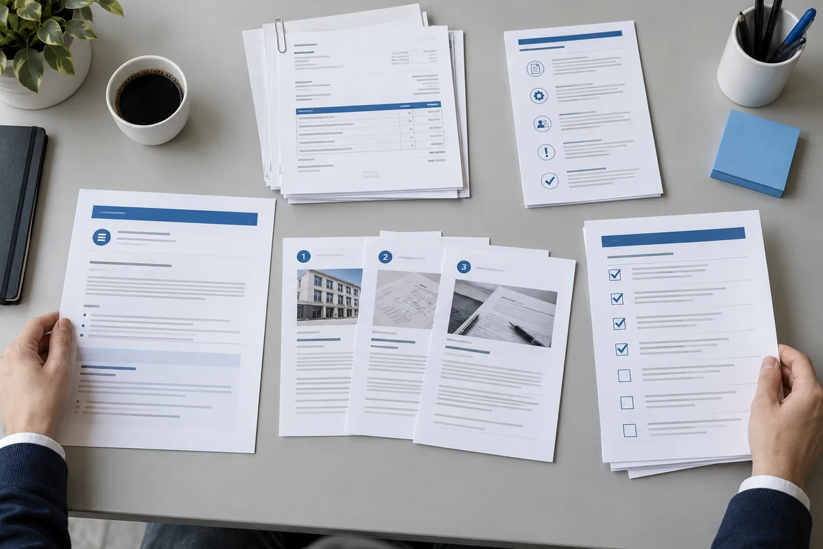 Eine vorbereitete Arbeitsmappe mit Auftrag, Unterlagen, Regeln, Beispielfällen und Prüfliste.