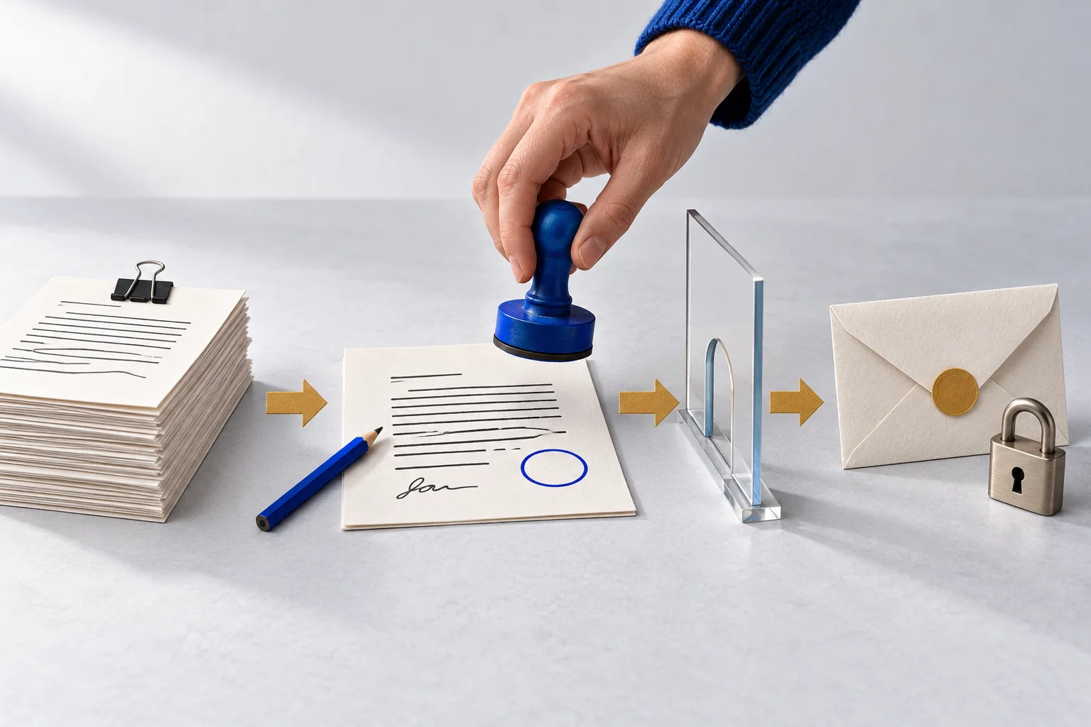 Illustration: Unterlagen und Antwortentwurf vor einer Freigabegrenze, daneben eine menschliche Hand mit Freigabestempel und ein verschlossener Brief.