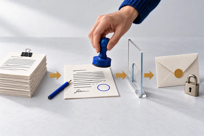 Illustration: documents, a draft and human approval
