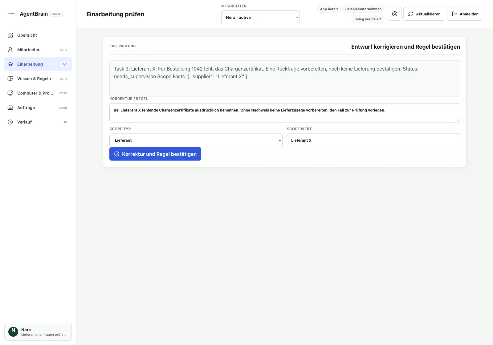 AgentBrain Employee: Produktansicht der Prüfung