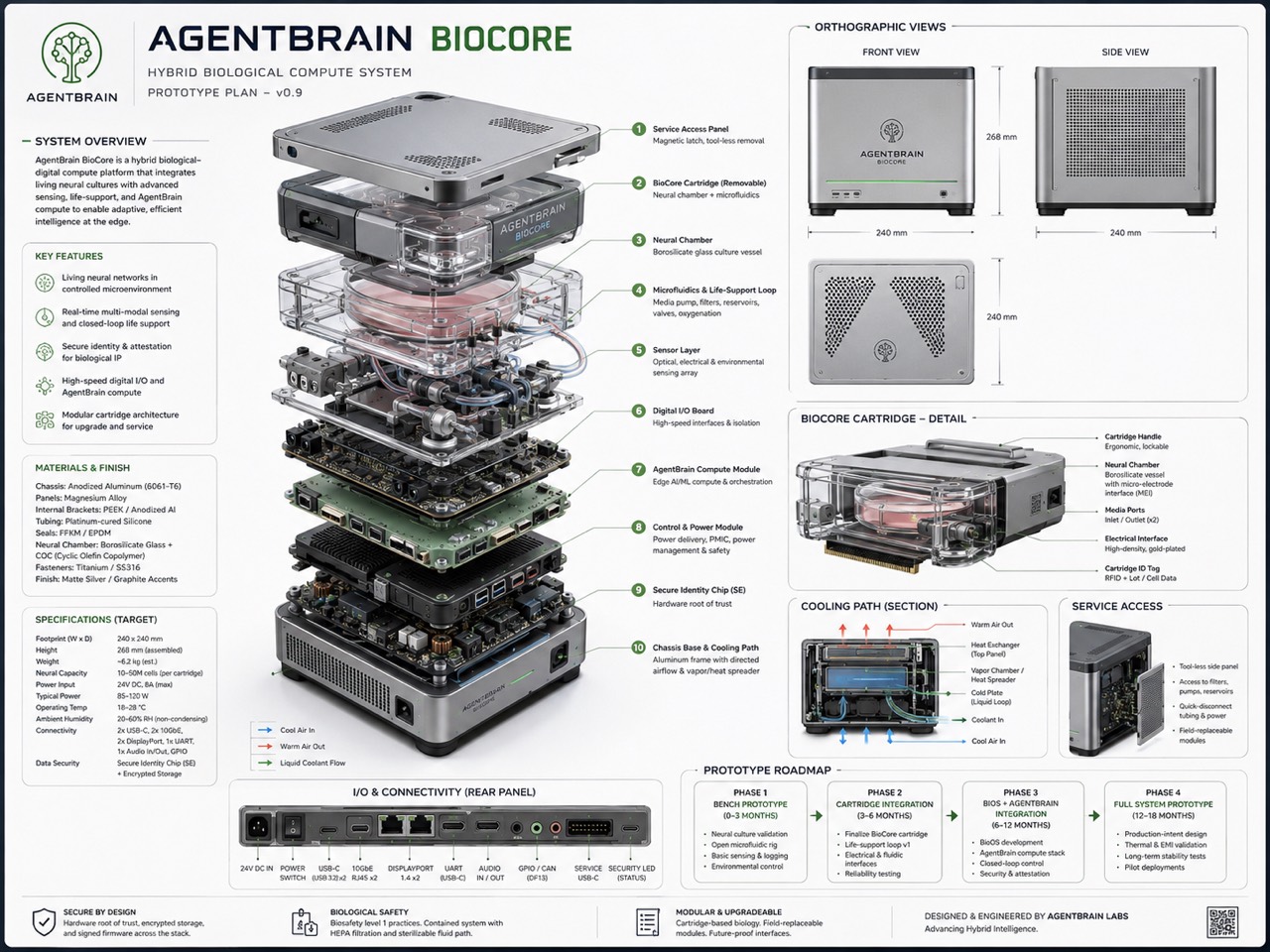 AgentBrain BioCore prototype plan showing modular cartridge, I/O and roadmap